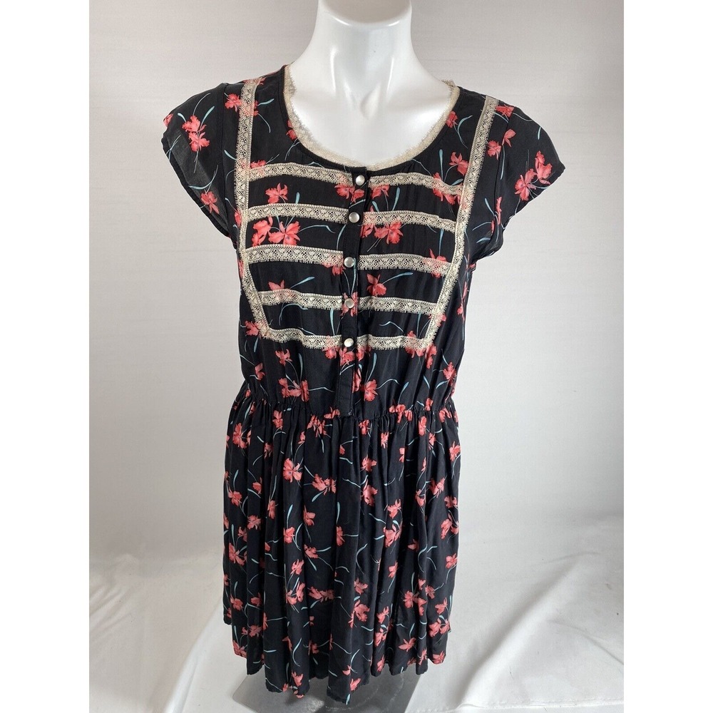 Free People Tunic Top Womens 4 Black Embroidered Floral Boho Hippie